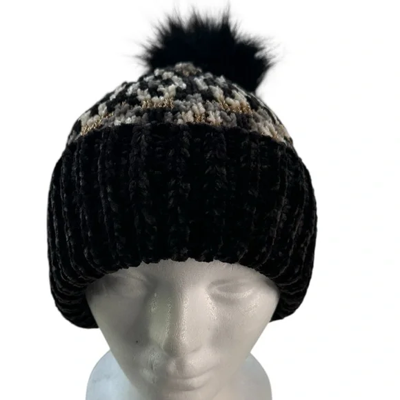 Free People Chalet Fairisle Pom Beanie, Black/Gold Metallic Combo, One Size - Picture 2 of 6